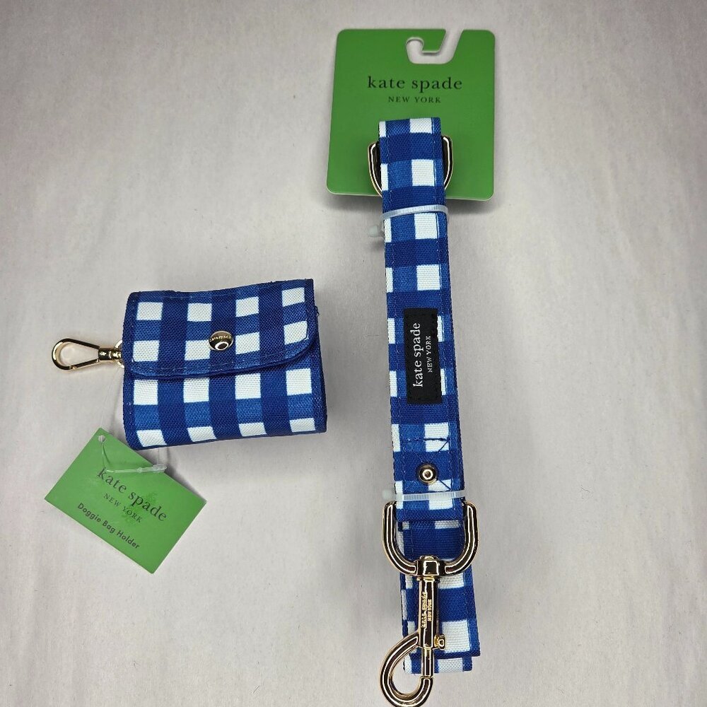 NWT Kate Spade Navy Gingham Dog Leash & Doggie Bag Holder